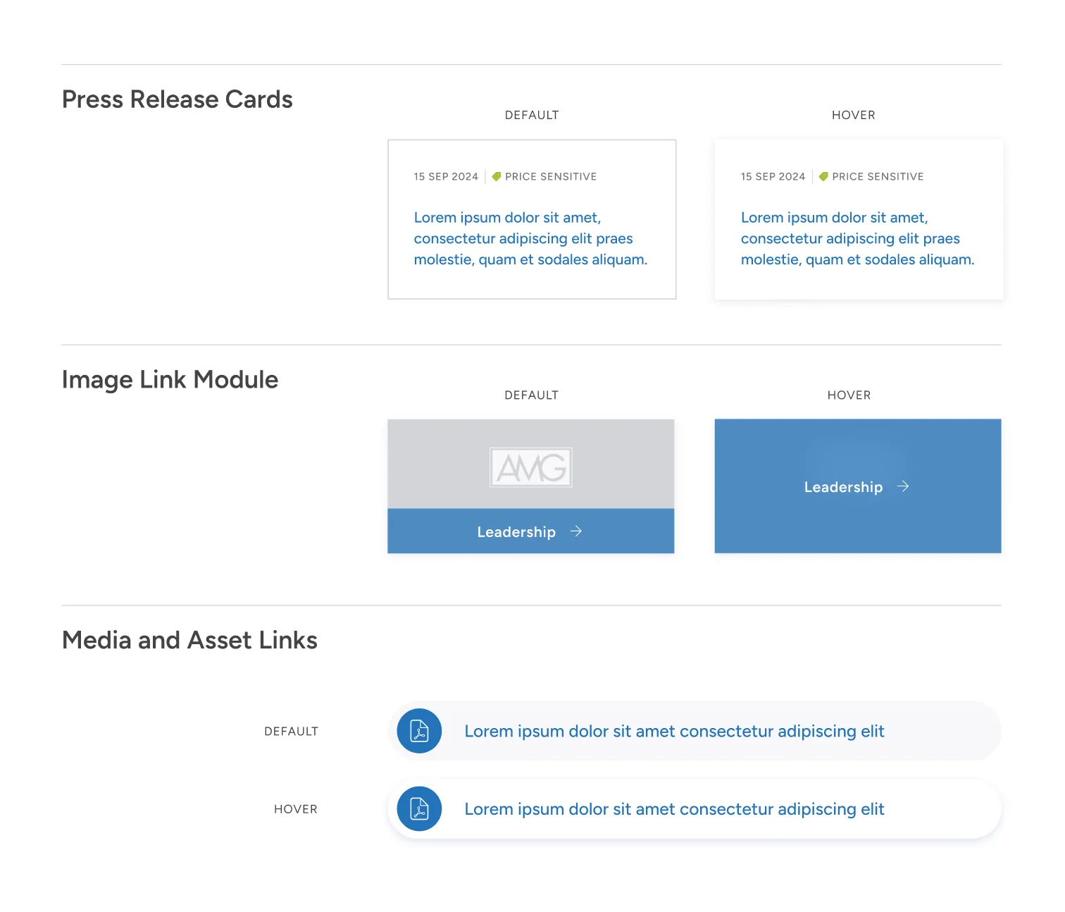 Components - press release cards, image link module, media and asset links.