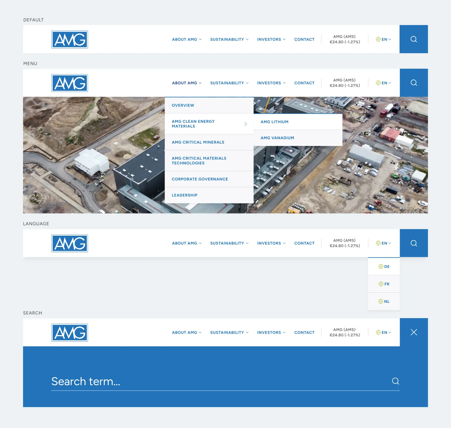 Navigation states - default, menu dropdown, language toggle and search.
