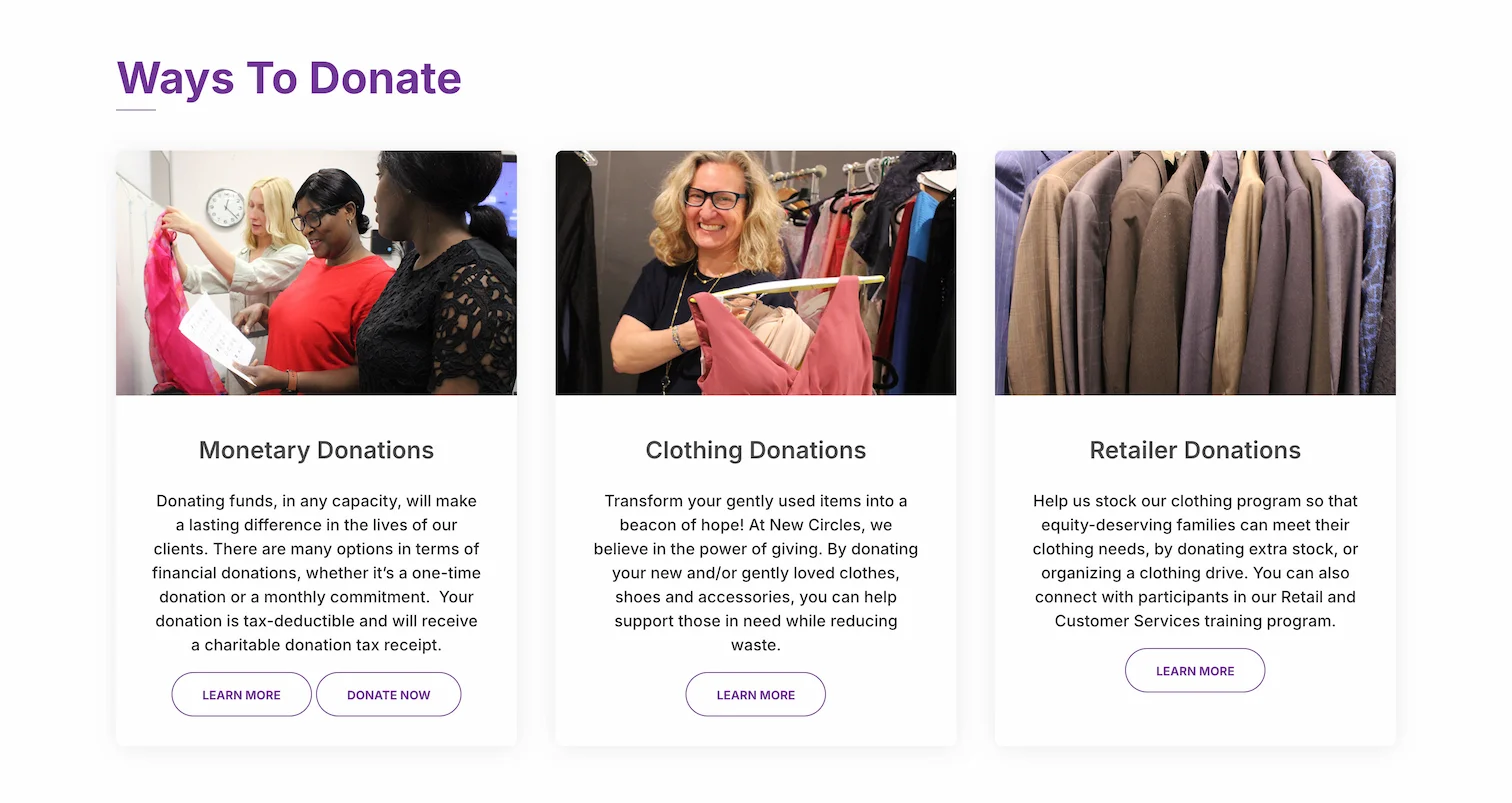 A section on the Donate page showing the three ways to donate - monetary, clothing and retailer donations.