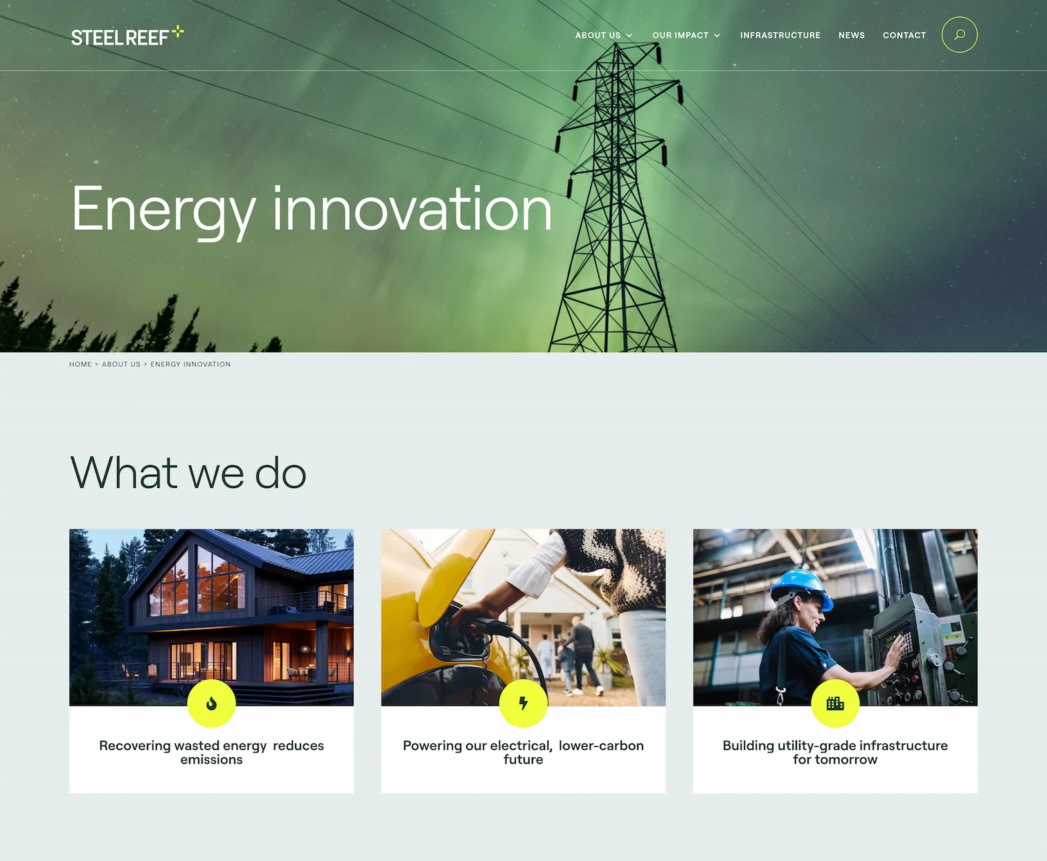 Energy Innovation page showing a 'What We Do' section.