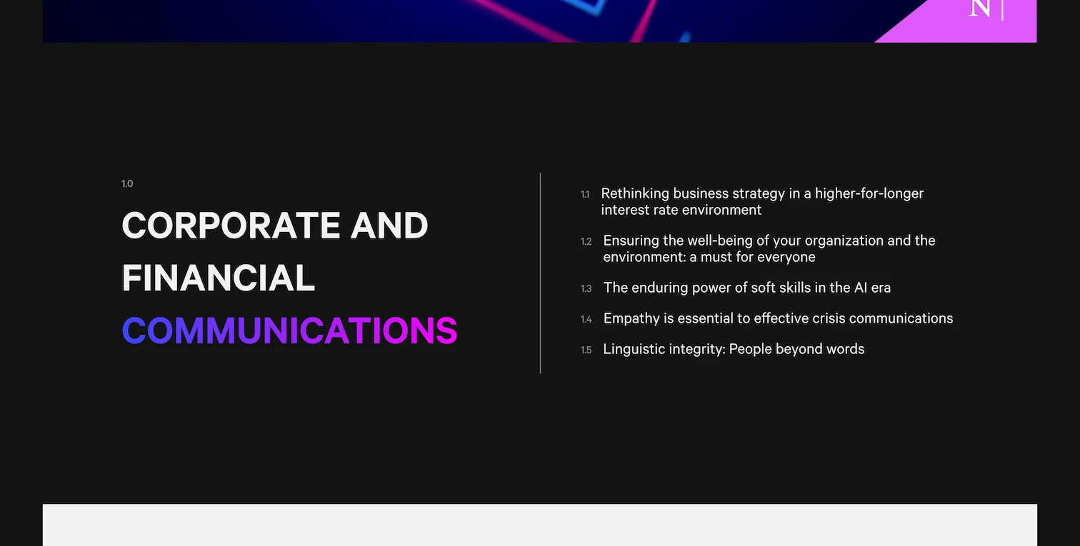 Corporate and Financial Communications section showing a numbered table of contents on desktop.